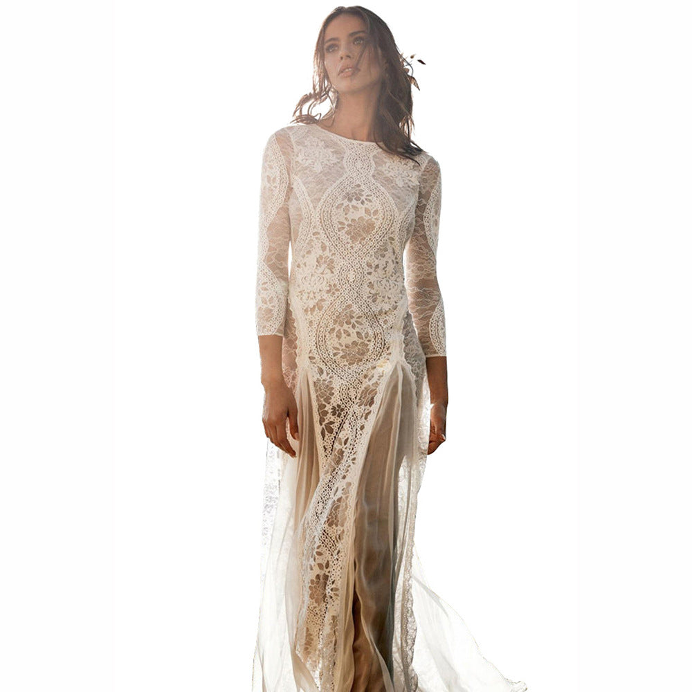 2025 Spring New European and American Women's Celebrity Banquet Wedding Dress Round Neck Long Sleeve Printed Backless Lace Dress