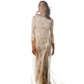2025 Spring New European and American Women's Celebrity Banquet Wedding Dress Round Neck Long Sleeve Printed Backless Lace Dress