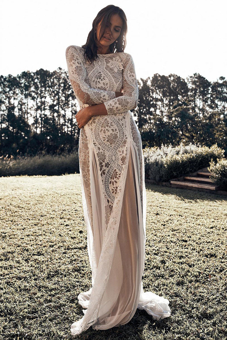 2025 Spring New European and American Women's Celebrity Banquet Wedding Dress Round Neck Long Sleeve Printed Backless Lace Dress