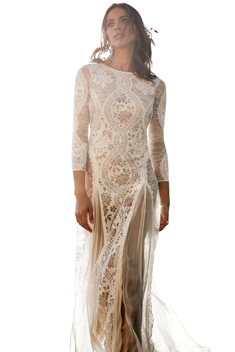 2025 Spring New European and American Women's Celebrity Banquet Wedding Dress Round Neck Long Sleeve Printed Backless Lace Dress