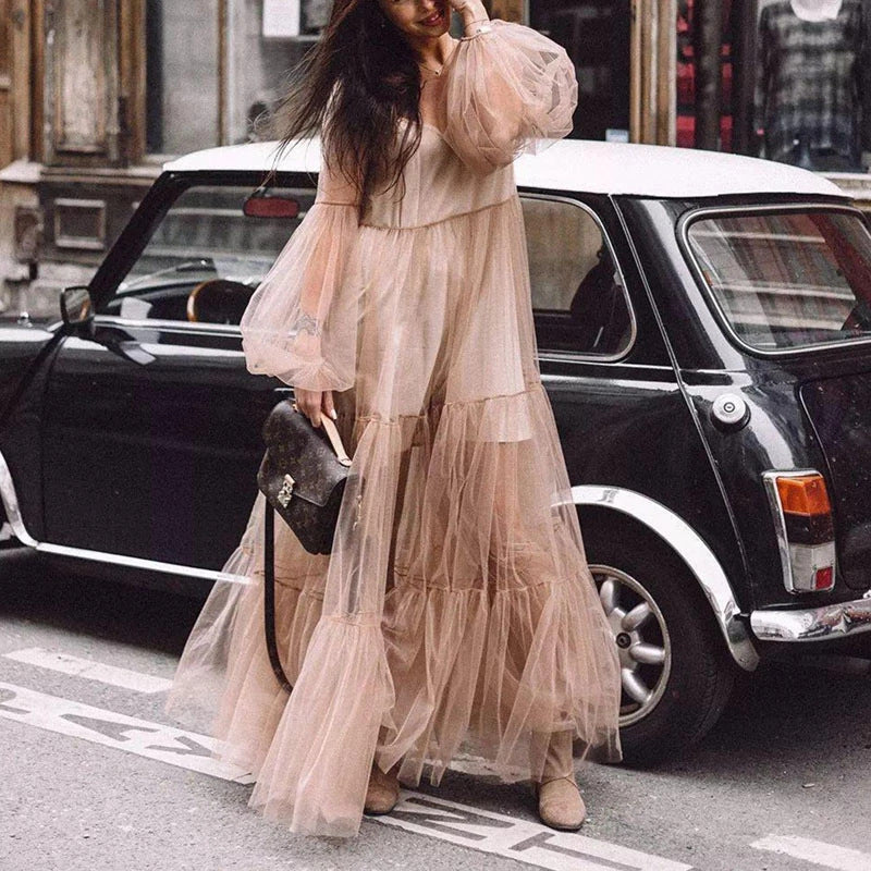 2025 Cross-Border Xia Xin Foreign Trade Amazon European and American Fashion Deep V-Neck Puff Sleeve Mesh See-Through Dress Long Skirt