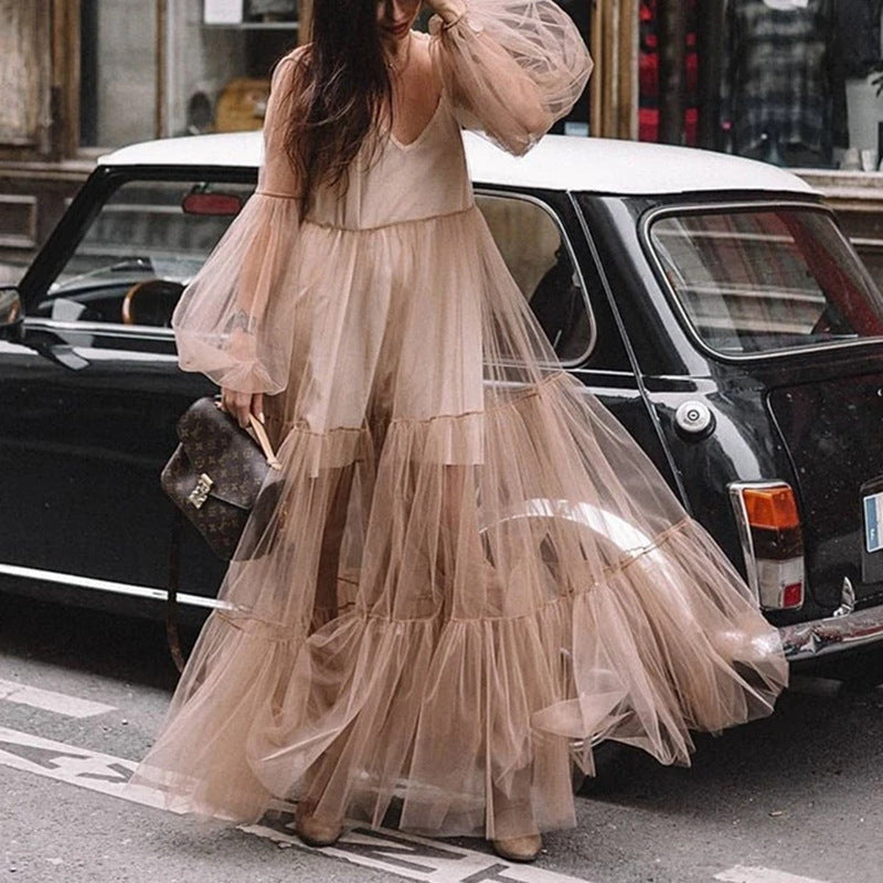 2025 Cross-Border Xia Xin Foreign Trade Amazon European and American Fashion Deep V-Neck Puff Sleeve Mesh See-Through Dress Long Skirt