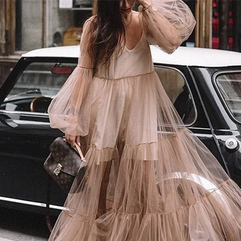2025 Cross-Border Xia Xin Foreign Trade Amazon European and American Fashion Deep V-Neck Puff Sleeve Mesh See-Through Dress Long Skirt