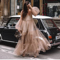2025 Cross-Border Xia Xin Foreign Trade Amazon European and American Fashion Deep V-Neck Puff Sleeve Mesh See-Through Dress Long Skirt