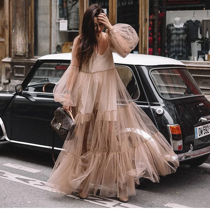 2025 Cross-Border Xia Xin Foreign Trade Amazon European and American Fashion Deep V-Neck Puff Sleeve Mesh See-Through Dress Long Skirt
