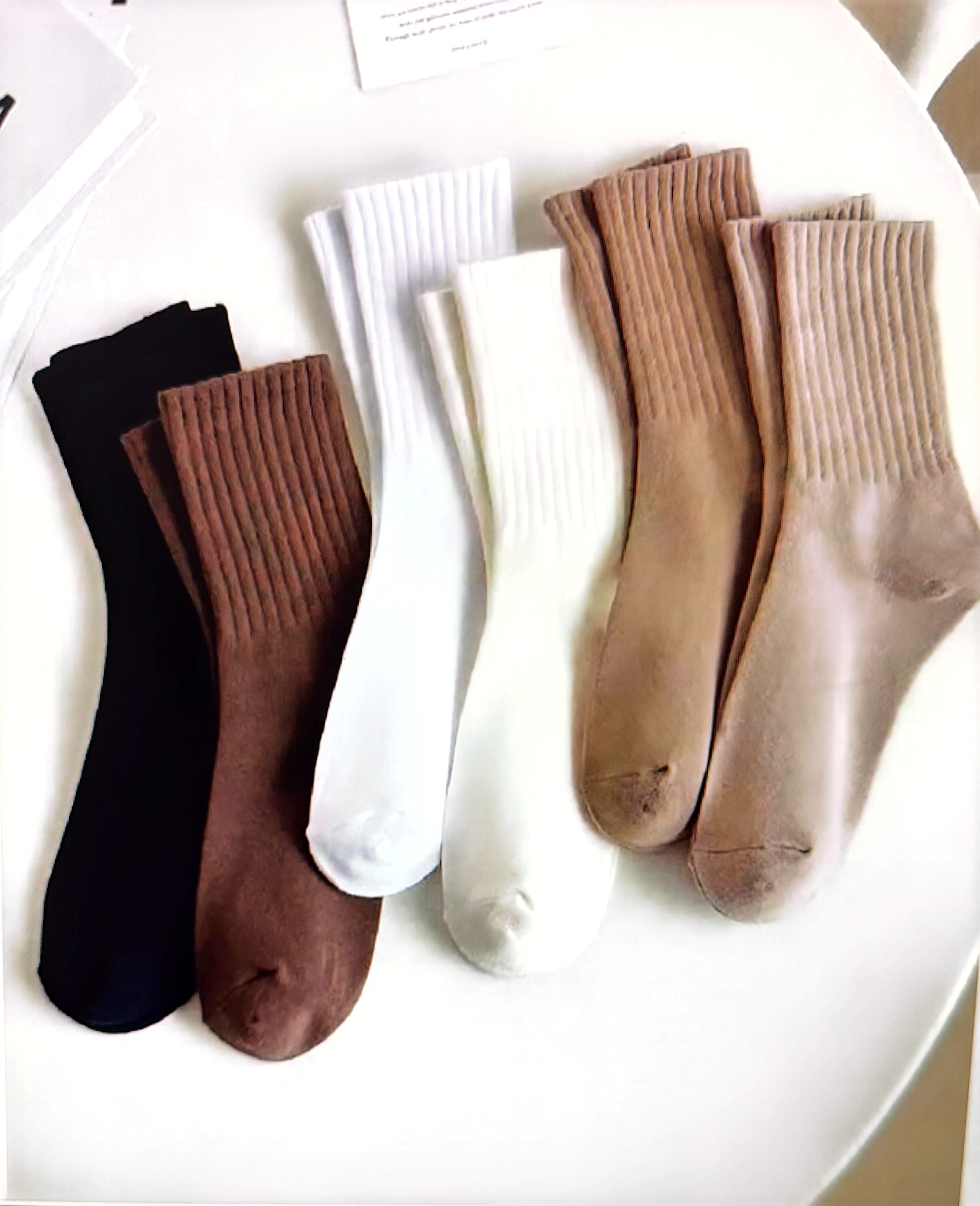 🧦 6-Pair Ribbed Crew Socks Set – Neutral Colors