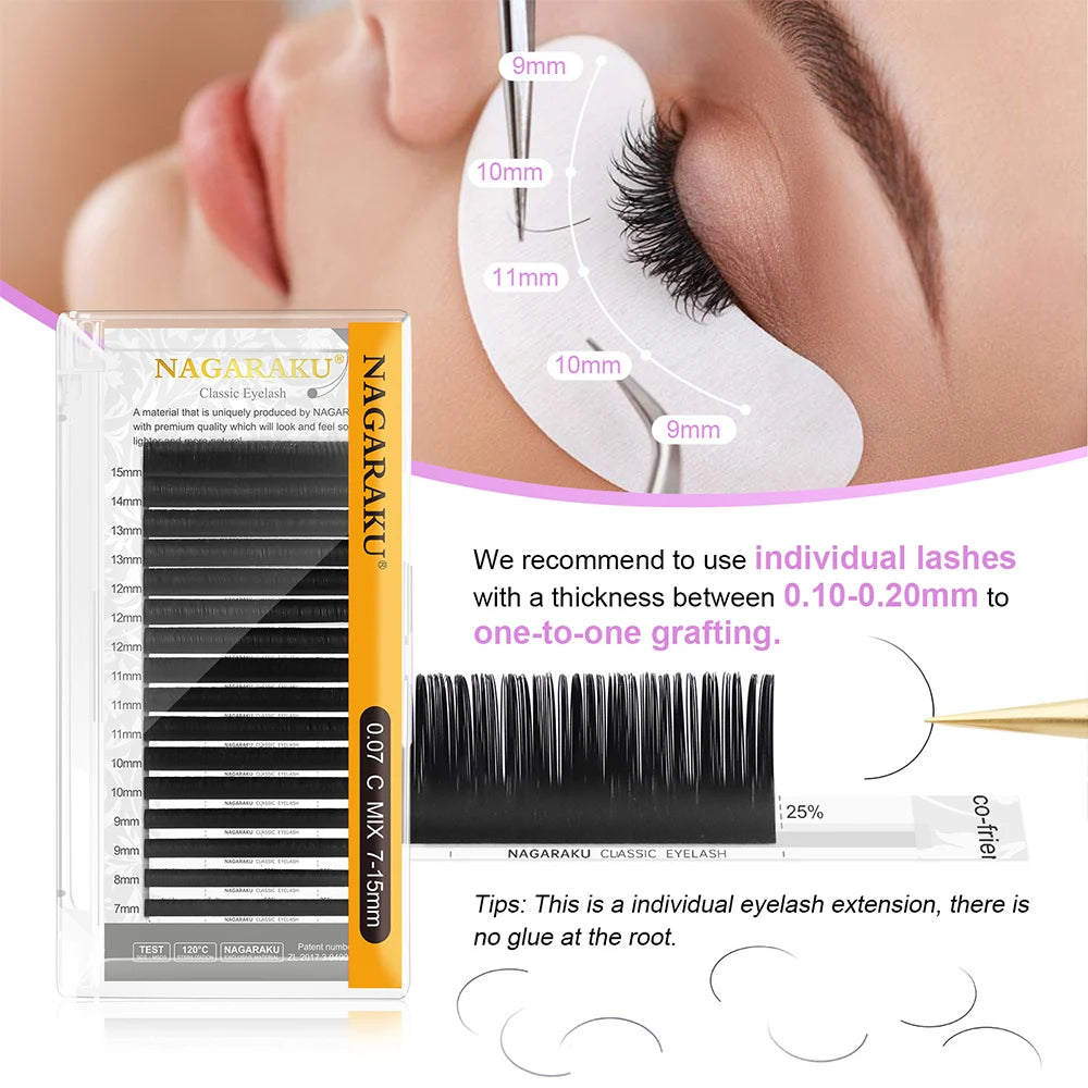 NAGARAKU Classic 16rows/case 7~25mm Mix Premium Natural Synthetic Mink Individual Eyelash Extension Supplies Makeup Cilios