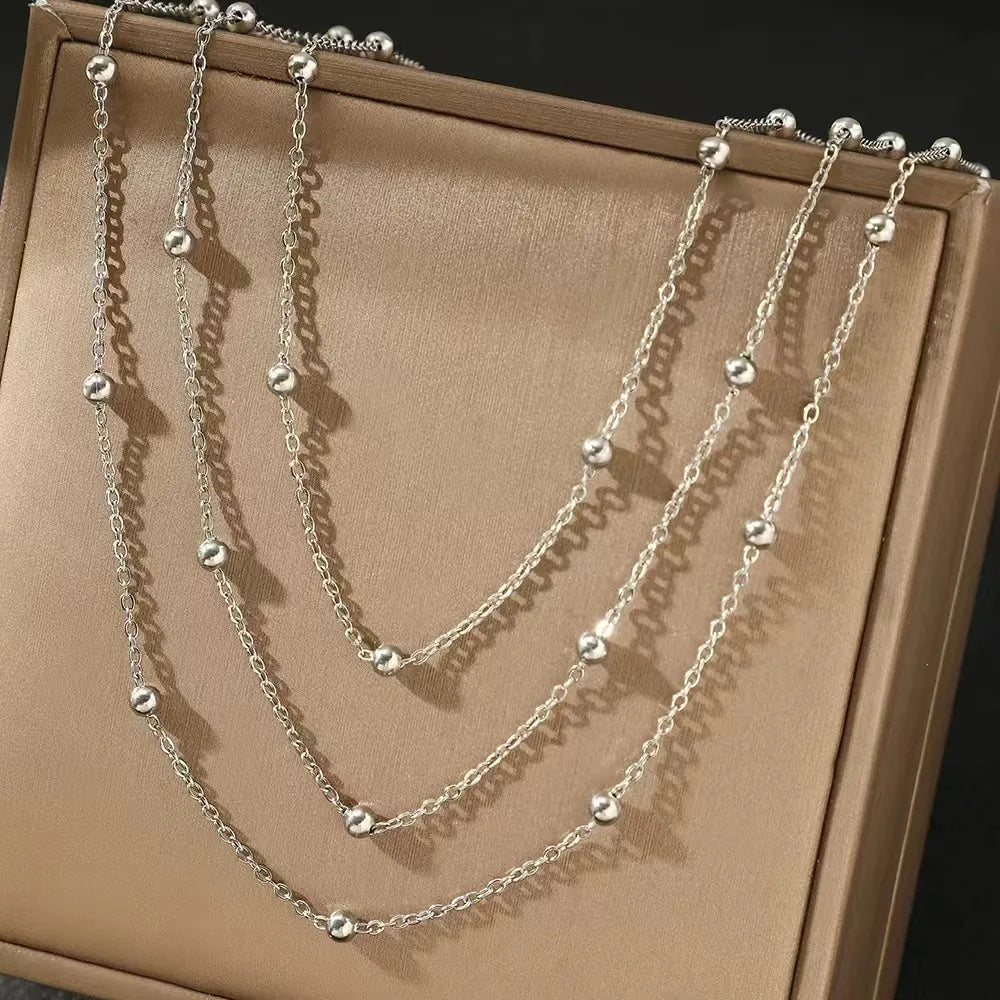 New High-end Jewelry Stainless Steel Necklace Atmosphere Delicate Beads Multi-Layers Chain Necklace For Women Party Gifts