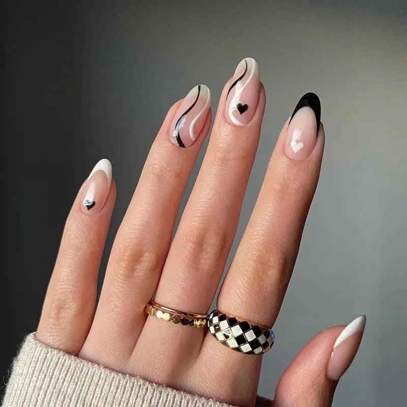 24pcs Almond Head Fake Nails French Line Design Full Coverage False Nail Art Finished with GluWearable Removable Press on Nails