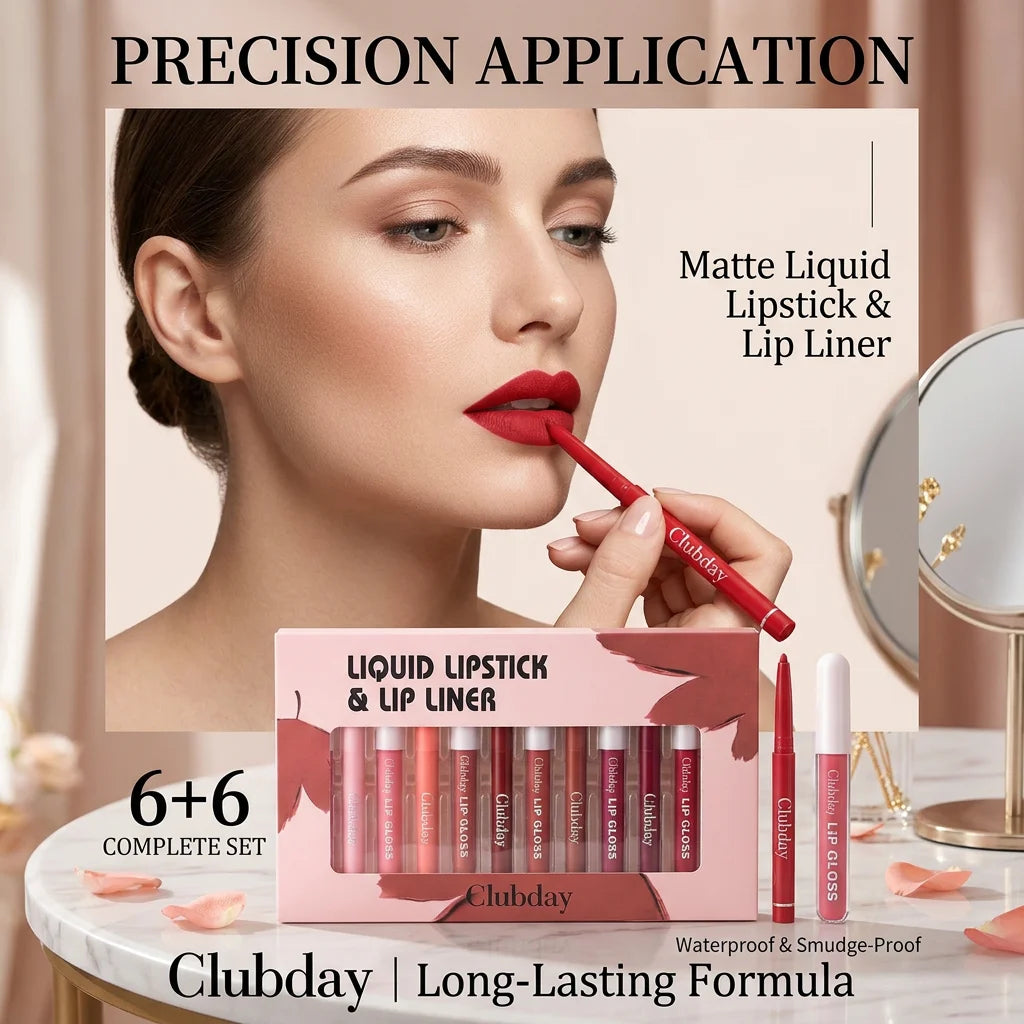 Lipstick Lipliner Lipstick Matte Lip Glaze Sexy Red Lip 6+6 Moisturizing Long Lasting Waterproof Lip Cosmetics for Women