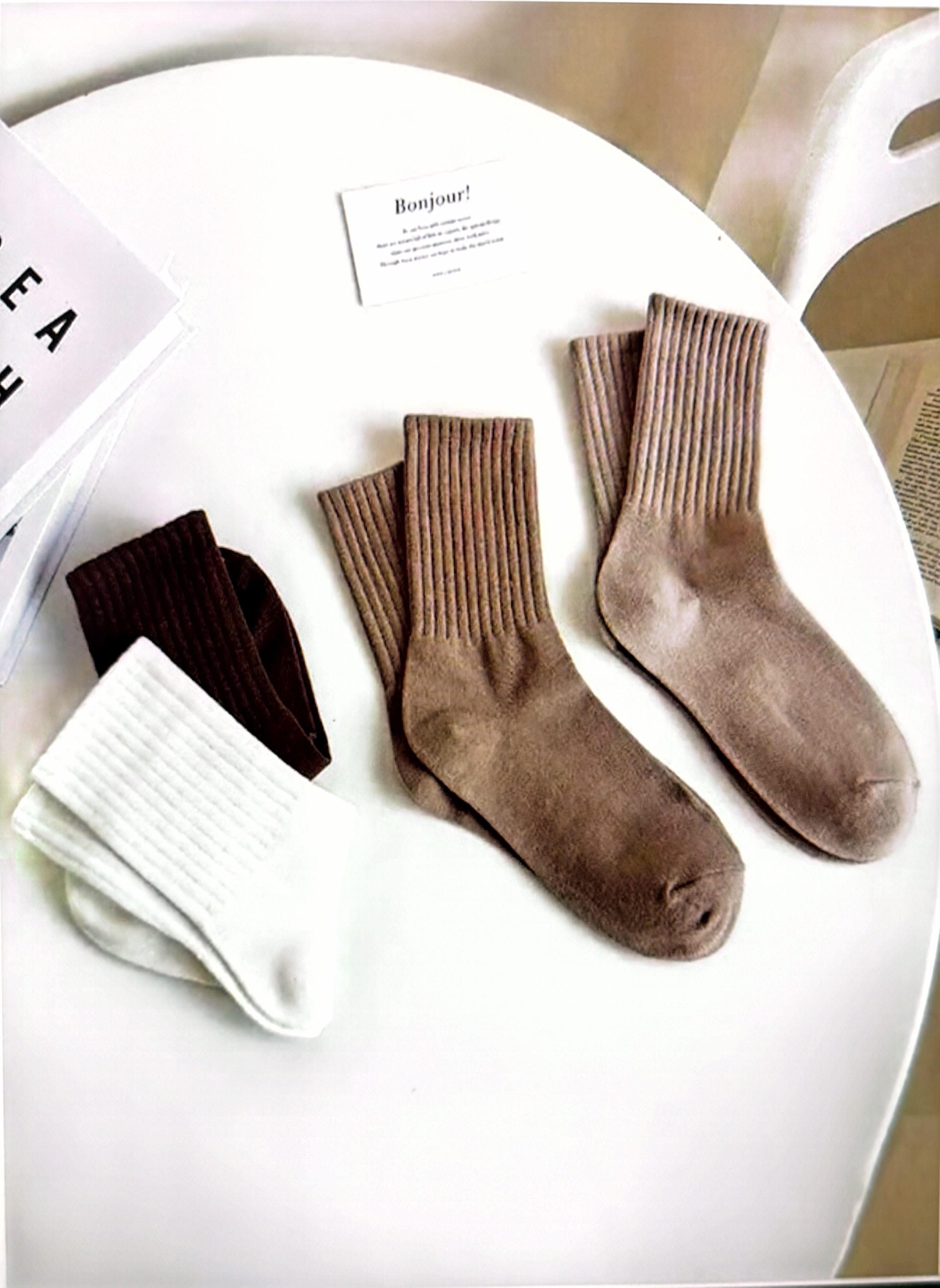 🧦 6-Pair Ribbed Crew Socks Set – Neutral Colors