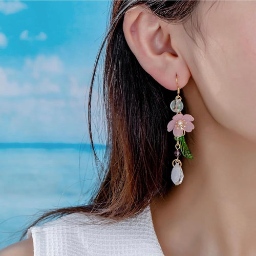 2 Pairs Long Flower Dangle Earrings for Women Boho Acrylic Pink Flowers Floral Cherry Blossom Lily of the Valley Leaf Tassel Pearl Fairy Earrings for Summer Spring Holiday Wedding Trendy Jewelry