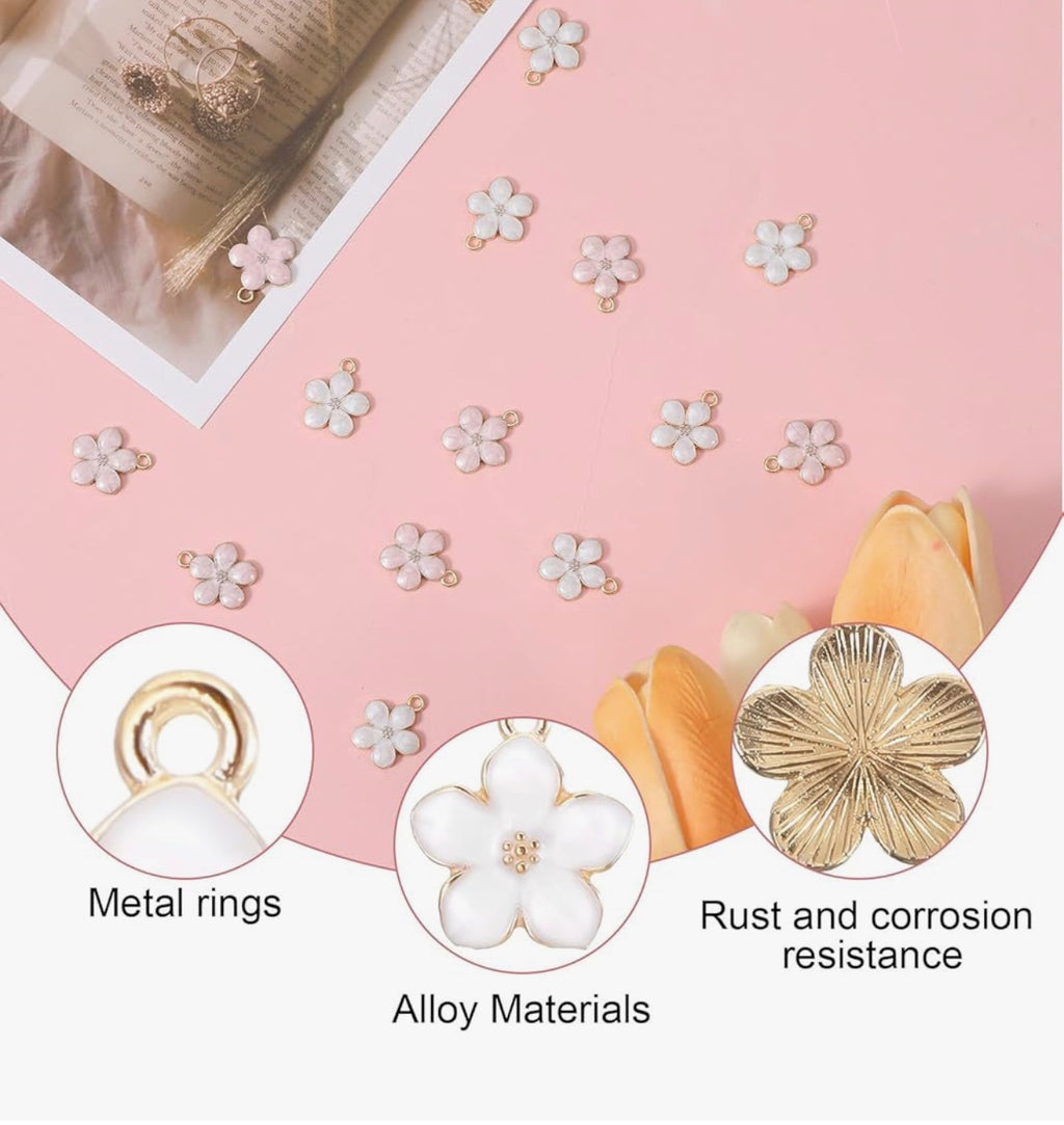 40 Pcs Gold Plated Enamel Cherry Blossoms Decor Small Flower Enamel Charms Cute Alloy Flower Pendants for DIY Crafts Bracelet Necklace Earrings Jewelry Making Findings Purse Keychains Handmade