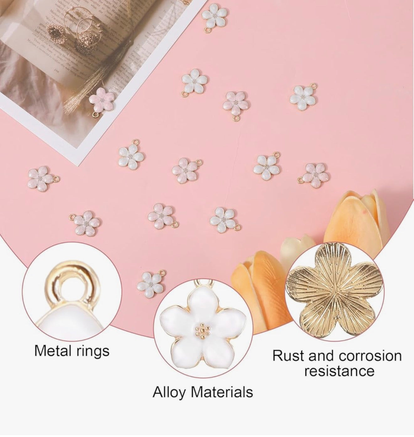 40 Pcs Gold Plated Enamel Cherry Blossoms Decor Small Flower Enamel Charms Cute Alloy Flower Pendants for DIY Crafts Bracelet Necklace Earrings Jewelry Making Findings Purse Keychains Handmade