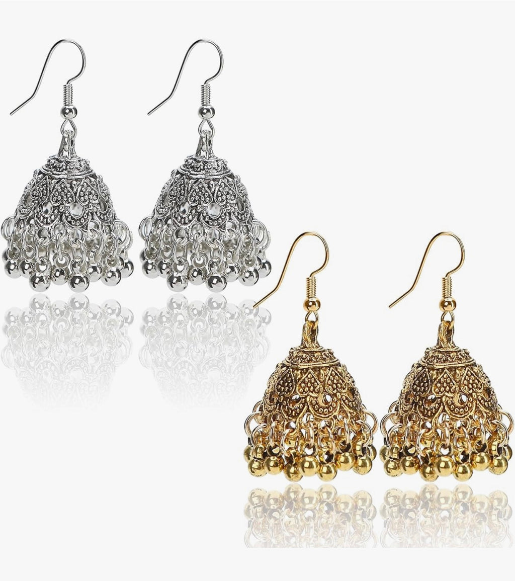 2 Pair Vintage Jhumkas Earrings 1.8'' for Women, Handmade Ethnic Antique Traditional Gold Plated Silver Earring - Small Indian Jhumki Jewelry Micro Earring Bell Tassel Drop Hanging Pendientes