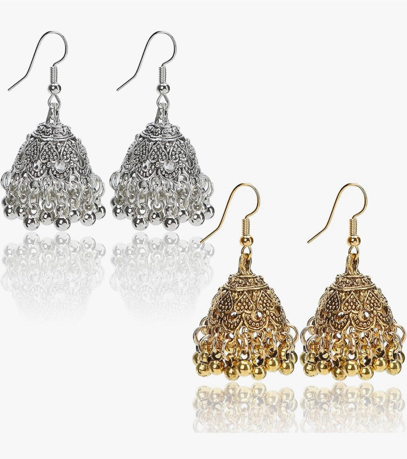 2 Pair Vintage Jhumkas Earrings 1.8'' for Women, Handmade Ethnic Antique Traditional Gold Plated Silver Earring - Small Indian Jhumki Jewelry Micro Earring Bell Tassel Drop Hanging Pendientes