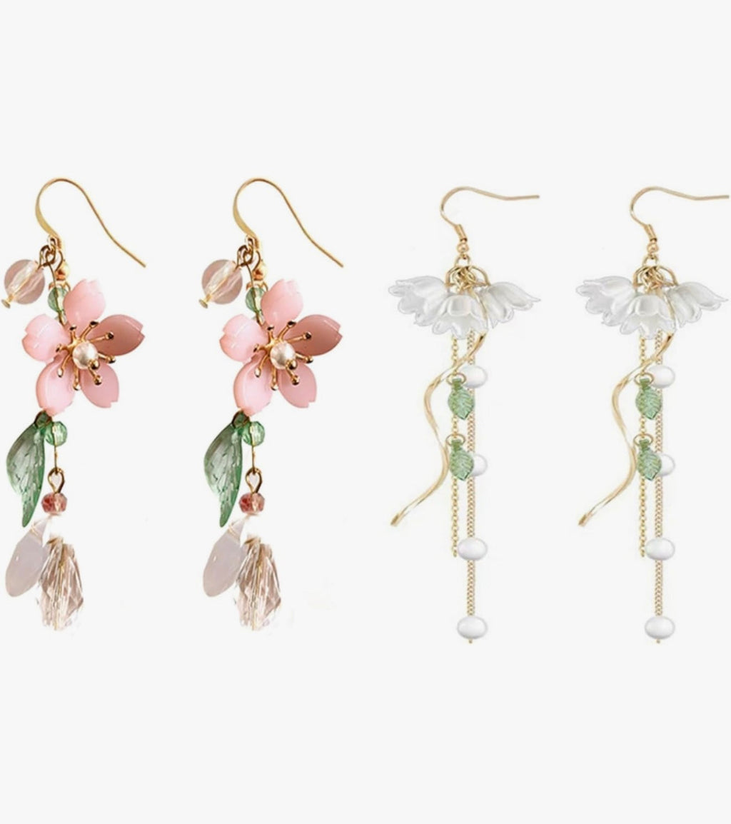 2 Pairs Long Flower Dangle Earrings for Women Boho Acrylic Pink Flowers Floral Cherry Blossom Lily of the Valley Leaf Tassel Pearl Fairy Earrings for Summer Spring Holiday Wedding Trendy Jewelry