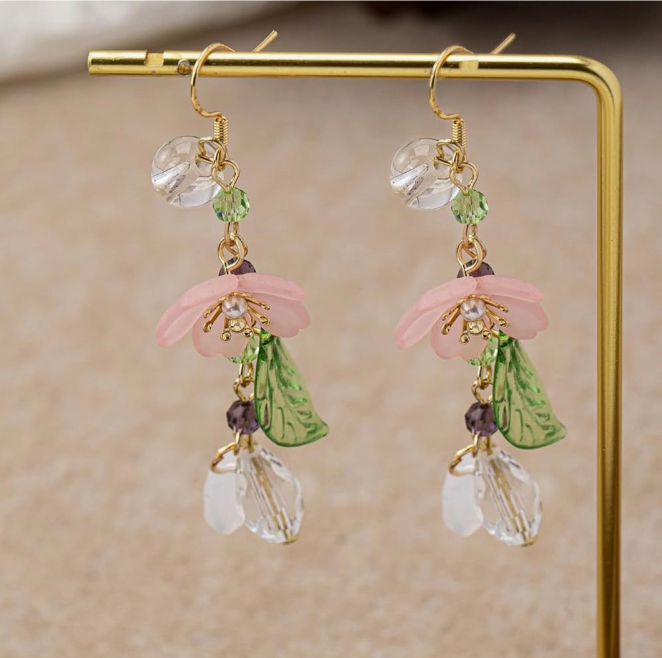 2 Pairs Long Flower Dangle Earrings for Women Boho Acrylic Pink Flowers Floral Cherry Blossom Lily of the Valley Leaf Tassel Pearl Fairy Earrings for Summer Spring Holiday Wedding Trendy Jewelry