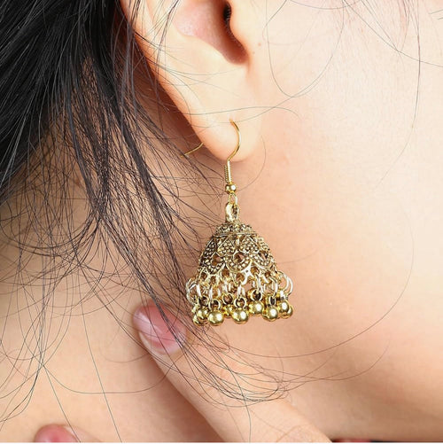 2 Pair Vintage Jhumkas Earrings 1.8'' for Women, Handmade Ethnic Antique Traditional Gold Plated Silver Earring - Small Indian Jhumki Jewelry Micro Earring Bell Tassel Drop Hanging Pendientes
