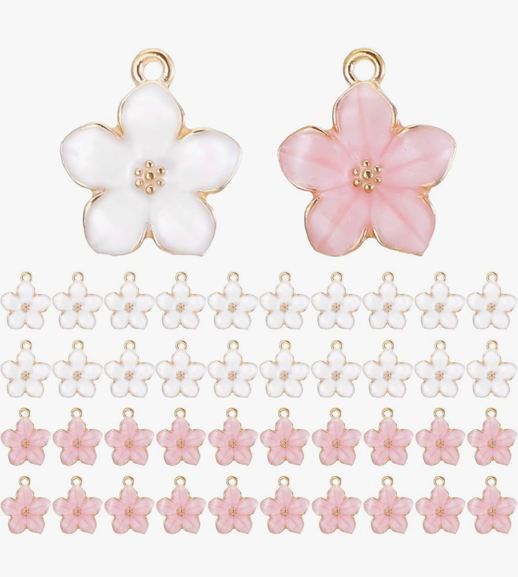 40 Pcs Gold Plated Enamel Cherry Blossoms Decor Small Flower Enamel Charms Cute Alloy Flower Pendants for DIY Crafts Bracelet Necklace Earrings Jewelry Making Findings Purse Keychains Handmade