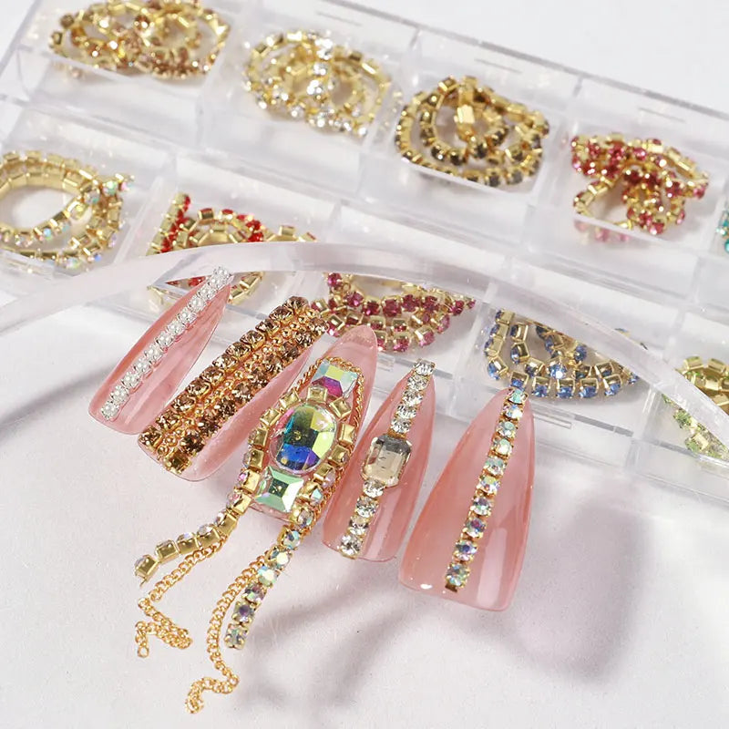 Misscheering 12 Grid Mixed Style Nail Chain Jewelry For DIY Art Decoration Fashion Metal Nails Accessories For Manicure Design