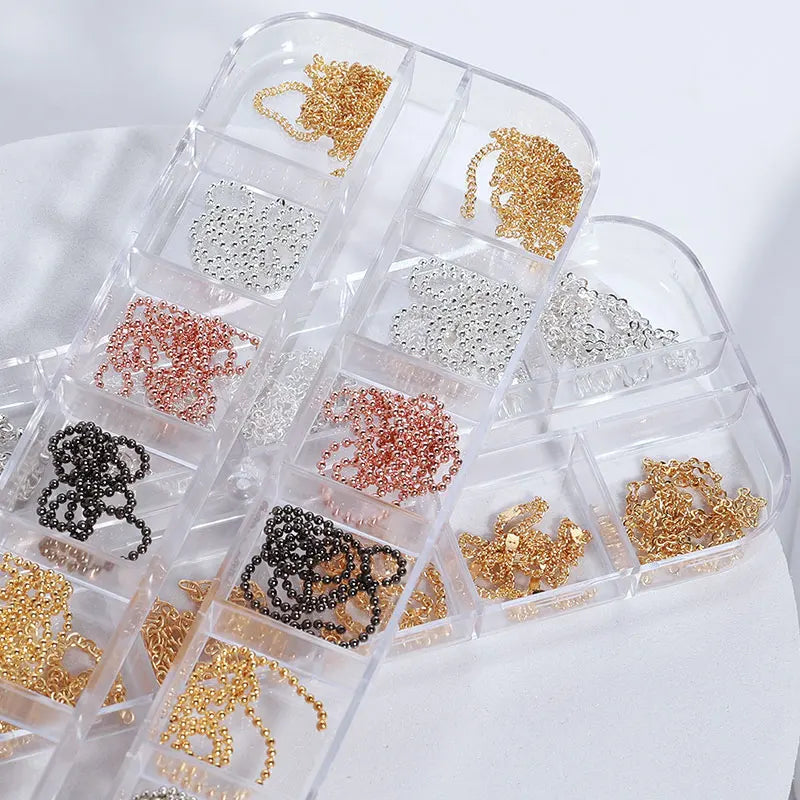 Misscheering 12 Grid Mixed Style Nail Chain Jewelry For DIY Art Decoration Fashion Metal Nails Accessories For Manicure Design