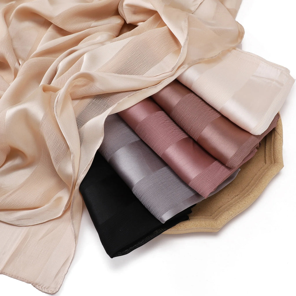 New High Quality Solid Color Soft Breathable Wide Stripe Hollow Satin Silk Scarf Muslim Women Shimmer Plain Head Scarf Hijab