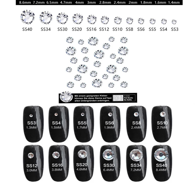 1440Pcs/Pack Flatback 3D Glass Swarovsky DIY Nails Rhinestones Art Decoration Shiny Crystal Stones Gems Manicure