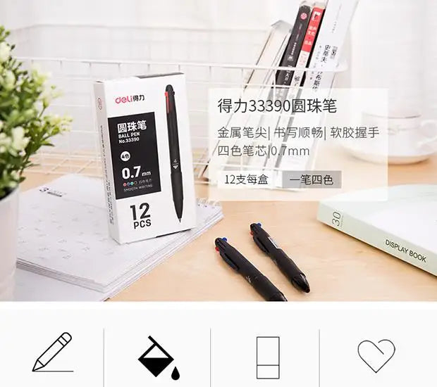 DELI 4 In 1 Ballpoint Pen 0.7 mm Color Ball Pens Blue Black Red Green Writing Pen School Office Stationery