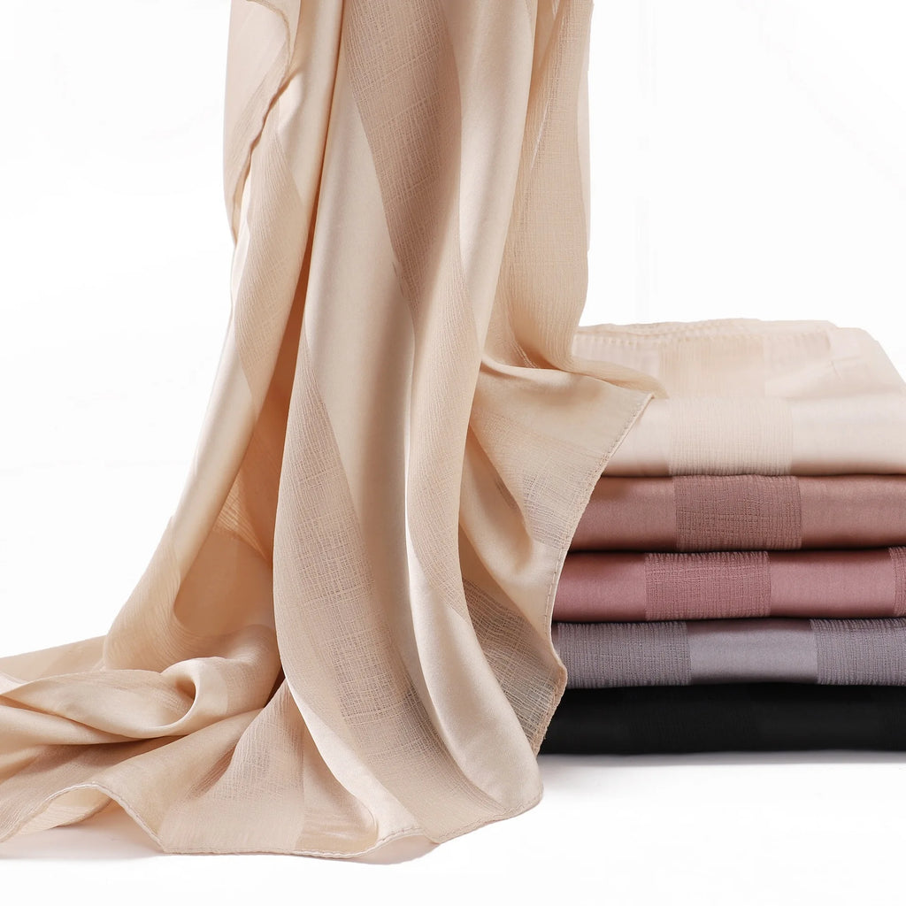 New High Quality Solid Color Soft Breathable Wide Stripe Hollow Satin Silk Scarf Muslim Women Shimmer Plain Head Scarf Hijab