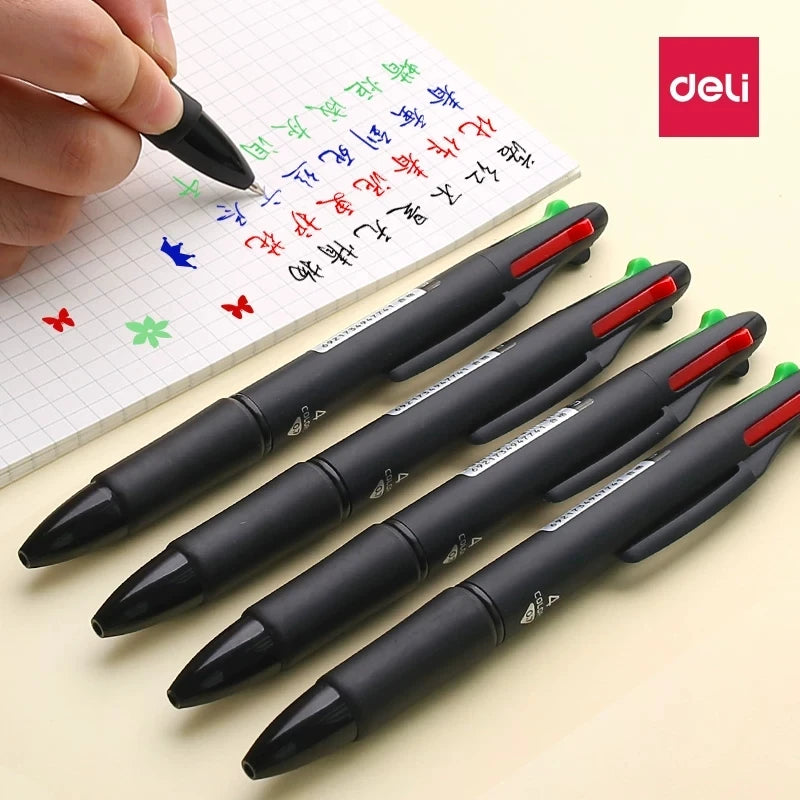 DELI 4 In 1 Ballpoint Pen 0.7 mm Color Ball Pens Blue Black Red Green Writing Pen School Office Stationery