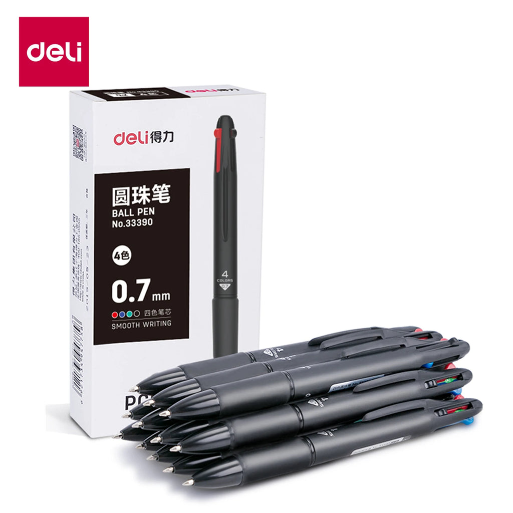 DELI 4 In 1 Ballpoint Pen 0.7 mm Color Ball Pens Blue Black Red Green Writing Pen School Office Stationery