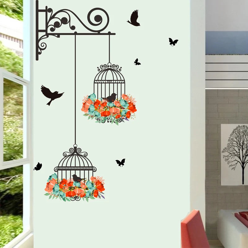 Colorful Flower Birdcage Flying Birds Wall Sticker Creative Home Decor Living Room Decals Wallpaper Bedroom Nursery Window Decor
