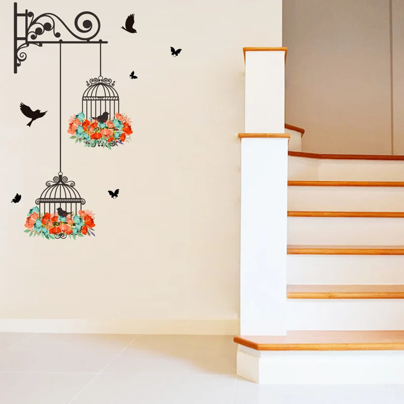 Colorful Flower Birdcage Flying Birds Wall Sticker Creative Home Decor Living Room Decals Wallpaper Bedroom Nursery Window Decor