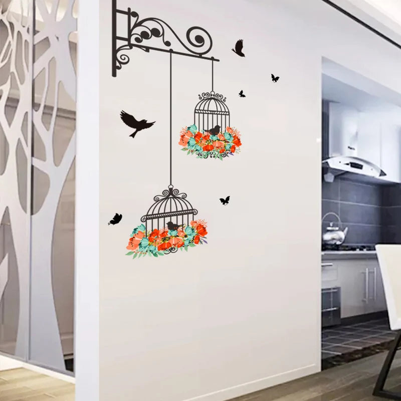 Colorful Flower Birdcage Flying Birds Wall Sticker Creative Home Decor Living Room Decals Wallpaper Bedroom Nursery Window Decor