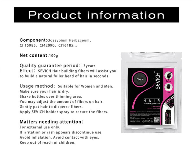 100g Hair Loss Building Hair Fibers Blender Conceal Styling Fiber Hair Powders Thinning Keratin Eyelash Extension Black