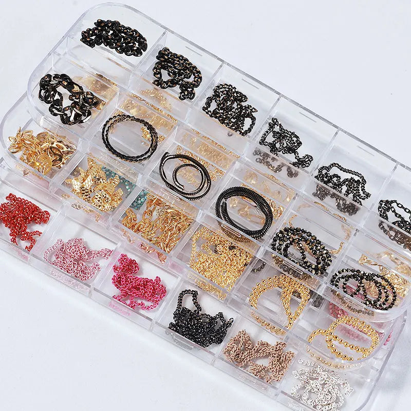 Misscheering 12 Grid Mixed Style Nail Chain Jewelry For DIY Art Decoration Fashion Metal Nails Accessories For Manicure Design
