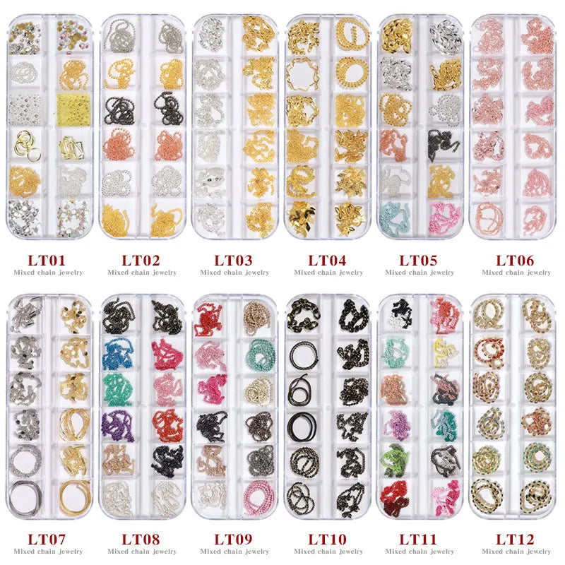 Misscheering 12 Grid Mixed Style Nail Chain Jewelry For DIY Art Decoration Fashion Metal Nails Accessories For Manicure Design