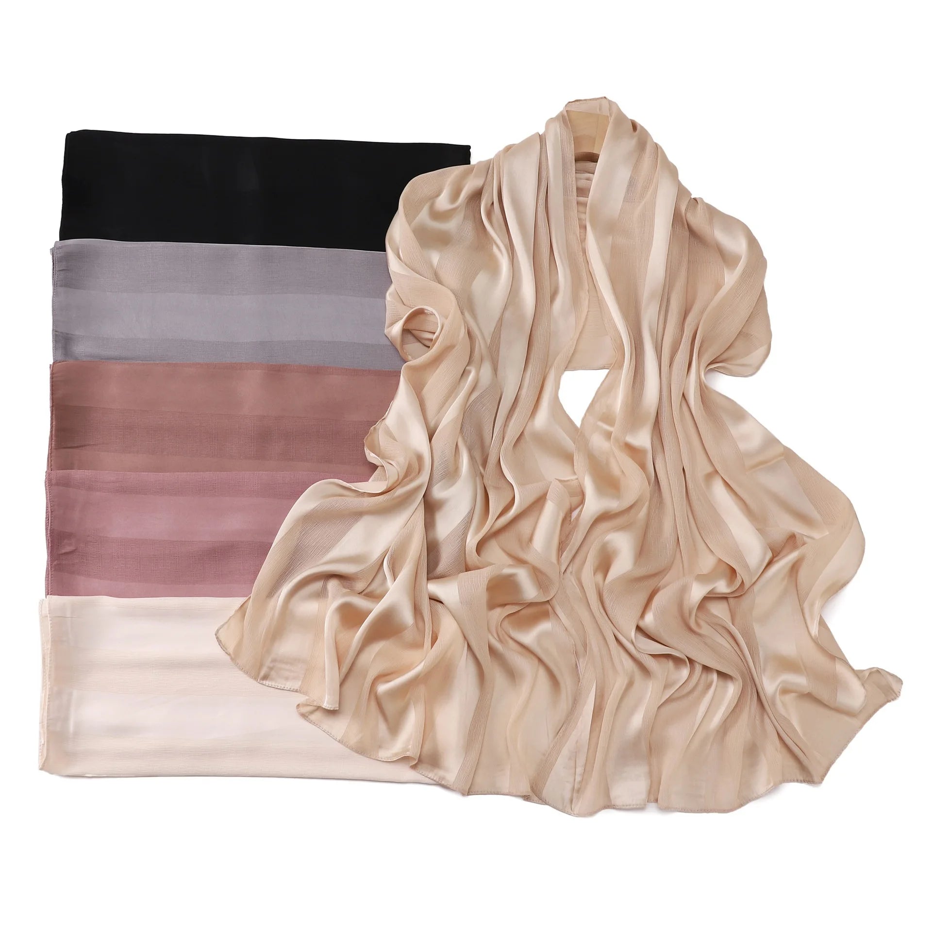 New High Quality Solid Color Soft Breathable Wide Stripe Hollow Satin Silk Scarf Muslim Women Shimmer Plain Head Scarf Hijab