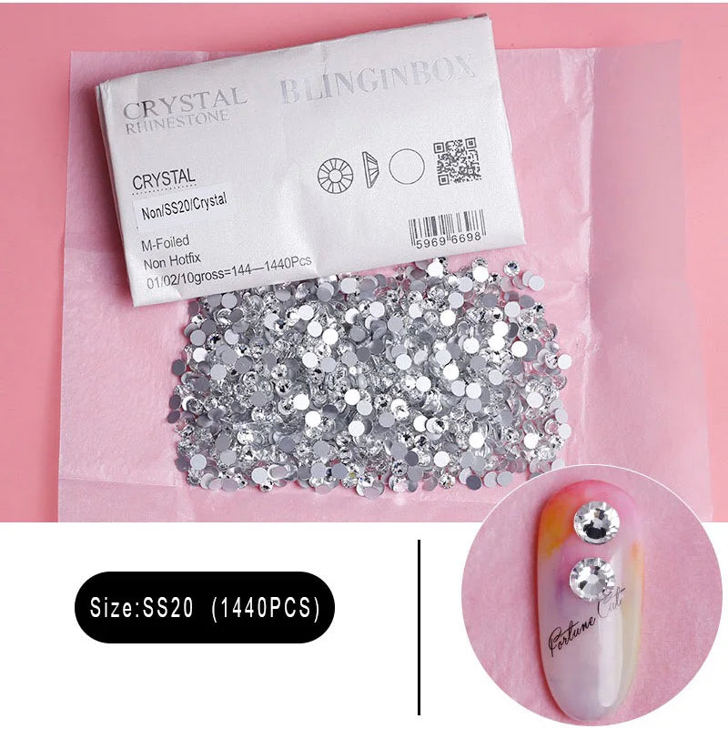 1440Pcs/Pack Flatback 3D Glass Swarovsky DIY Nails Rhinestones Art Decoration Shiny Crystal Stones Gems Manicure