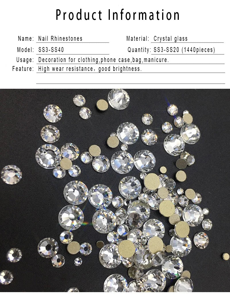 1440Pcs/Pack Flatback 3D Glass Swarovsky DIY Nails Rhinestones Art Decoration Shiny Crystal Stones Gems Manicure