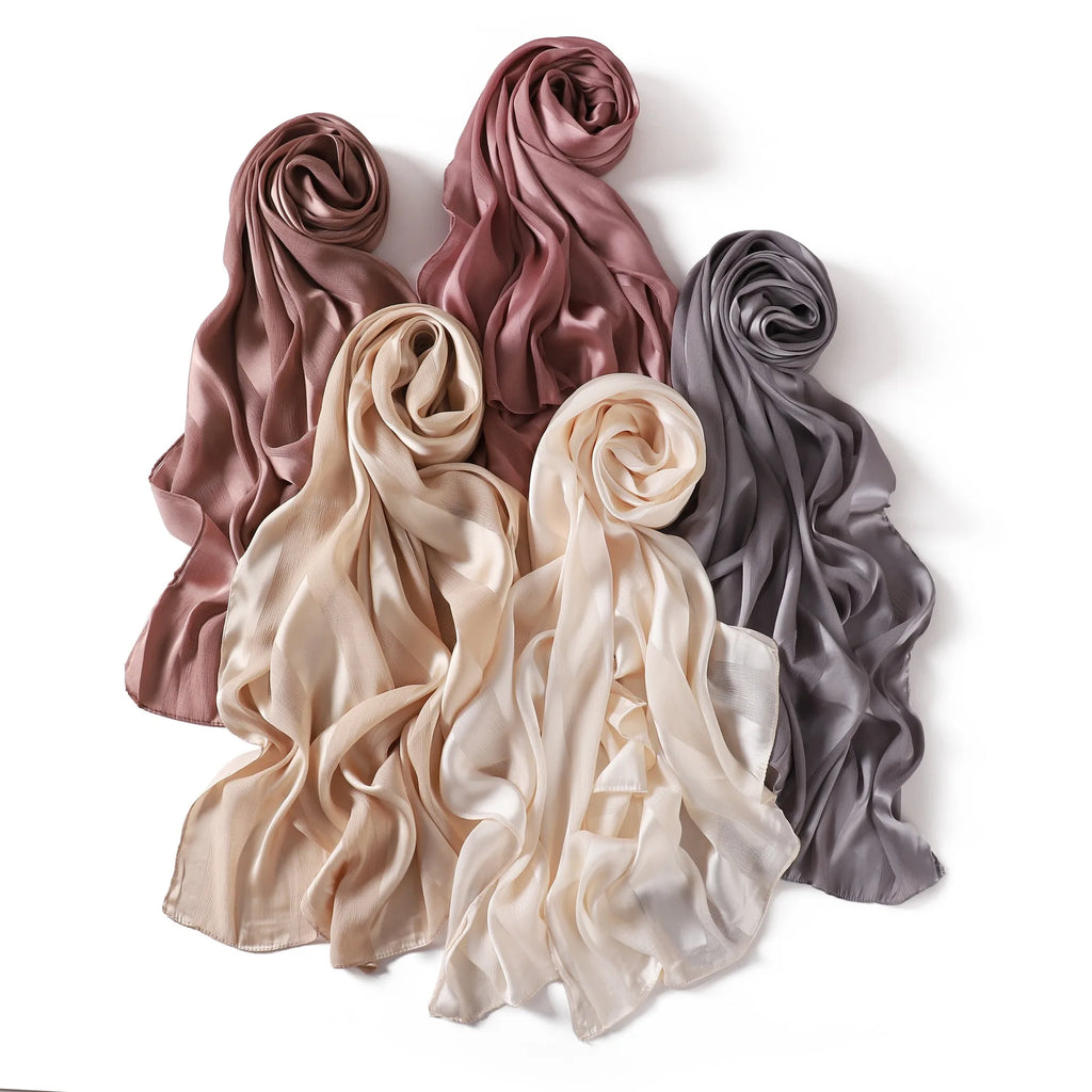 New High Quality Solid Color Soft Breathable Wide Stripe Hollow Satin Silk Scarf Muslim Women Shimmer Plain Head Scarf Hijab