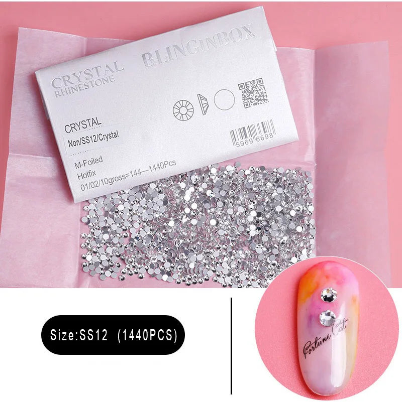 1440Pcs/Pack Flatback 3D Glass Swarovsky DIY Nails Rhinestones Art Decoration Shiny Crystal Stones Gems Manicure