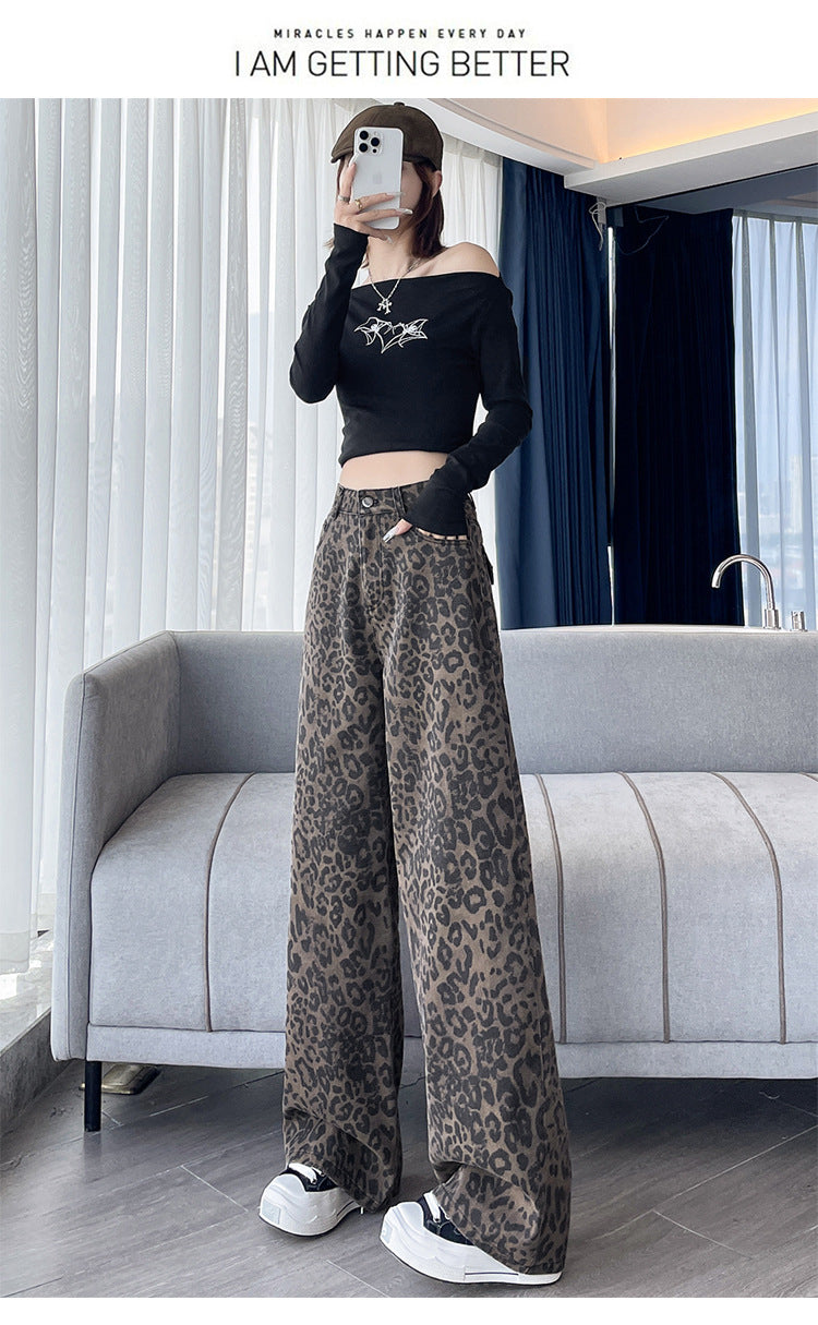 American-Style Leopard Print Work Jeans for Women, Spring and Autumn 2025 New High-Waisted Slimming Straight Narrow Casual Wide-Leg Pants