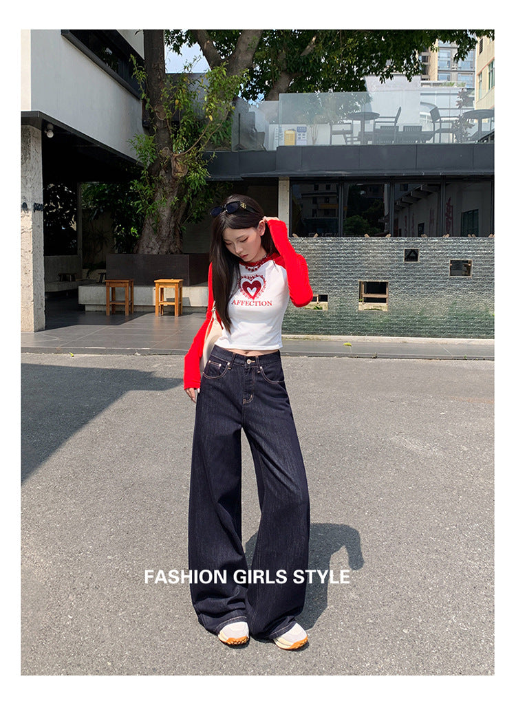 Dark Blue American High-Waisted Wide-Leg Jeans for Women in Autumn and Winter New Style Loose and Slim Straight-Leg Versatile Jeans