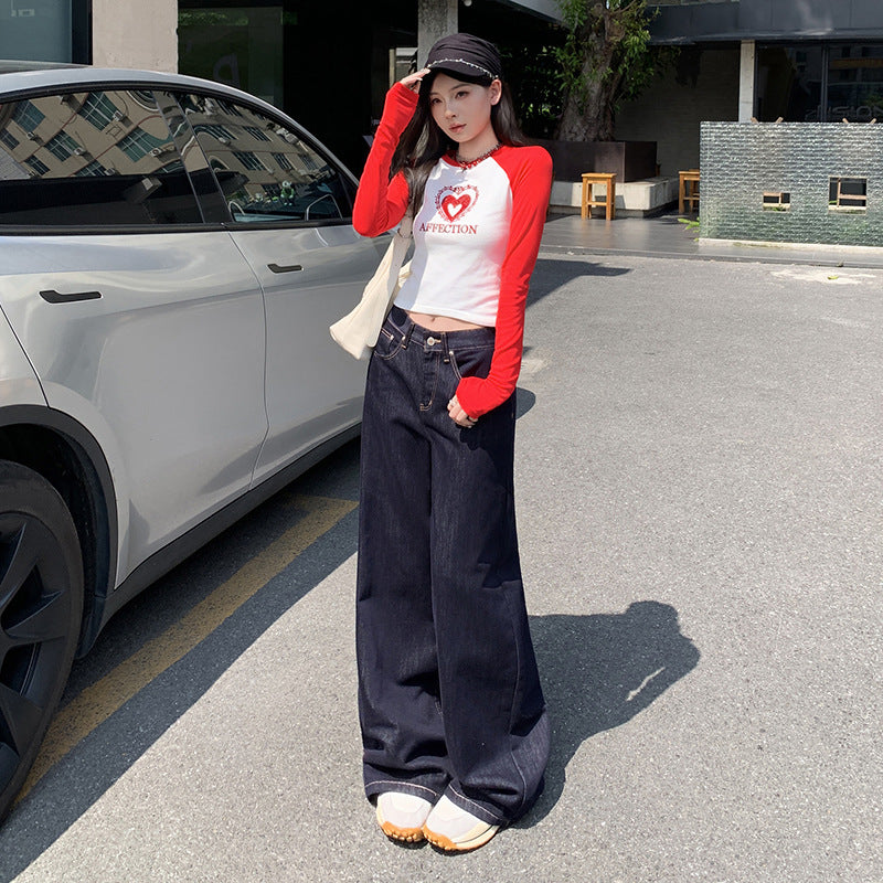 Dark Blue American High-Waisted Wide-Leg Jeans for Women in Autumn and Winter New Style Loose and Slim Straight-Leg Versatile Jeans