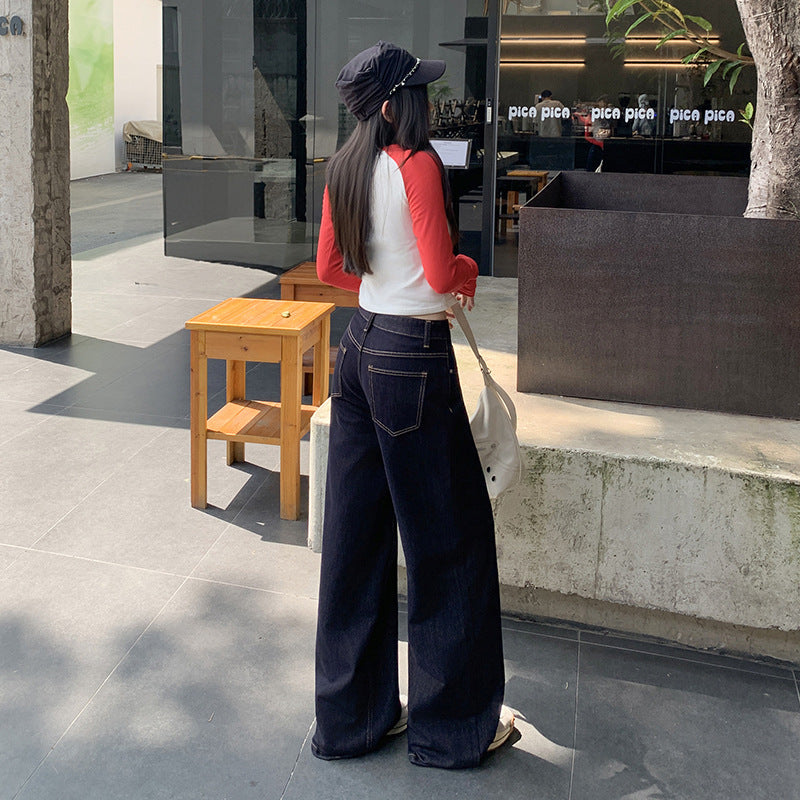 Dark Blue American High-Waisted Wide-Leg Jeans for Women in Autumn and Winter New Style Loose and Slim Straight-Leg Versatile Jeans