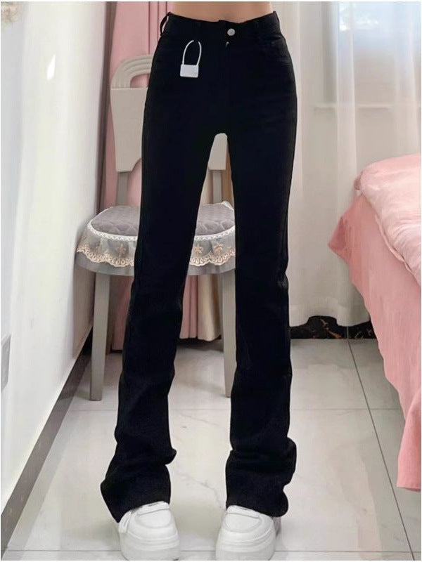 American High Street Black Bootcut Jeans for Women in Autumn and Winter New Style Mid-Waist Tight Slimming Versatile Straight Leg Flared Pants