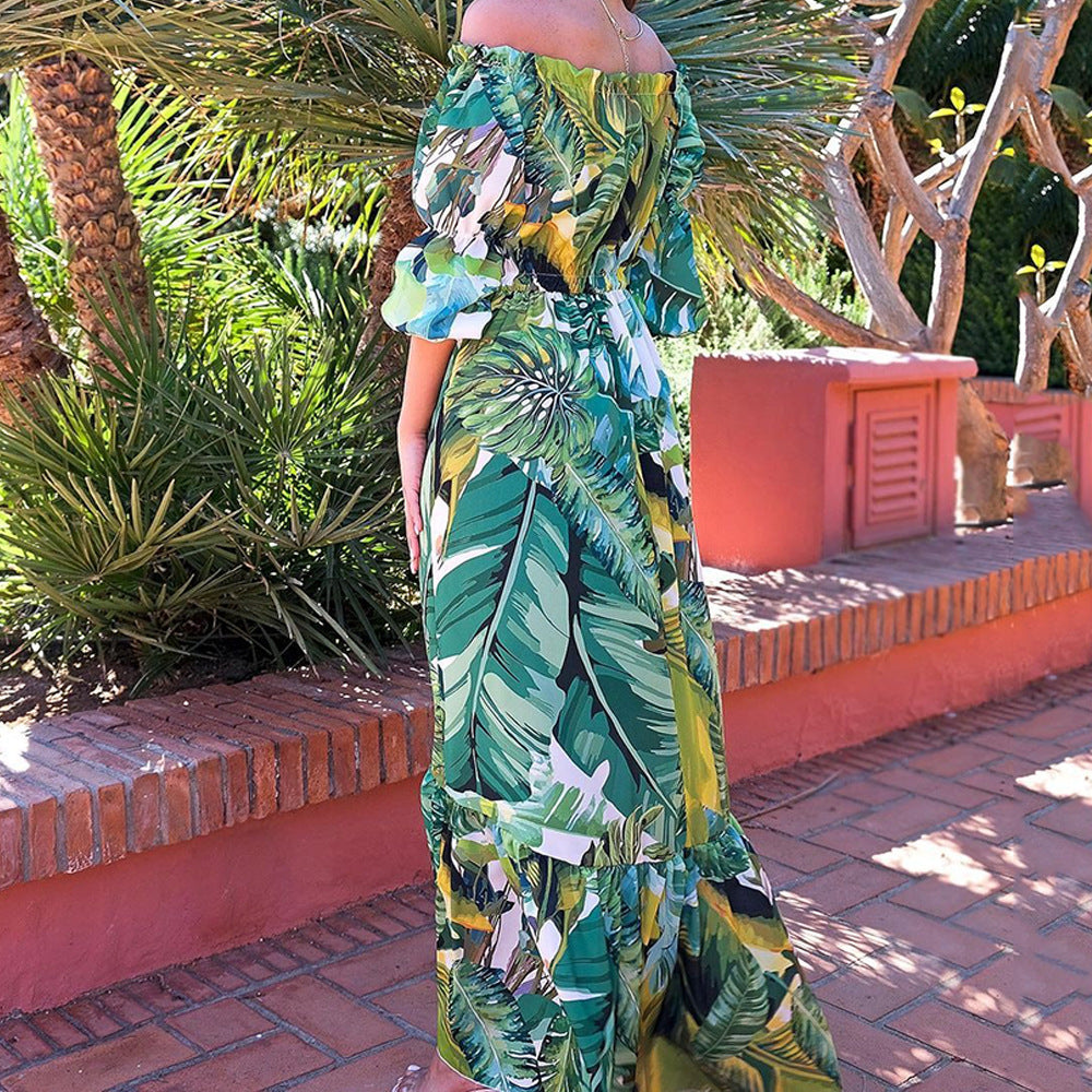 2025 Cross-Border New Spring and Summer European and American Women's Dress Printed One-Shoulder Slimming Look Elegant Commuter Long Skirt