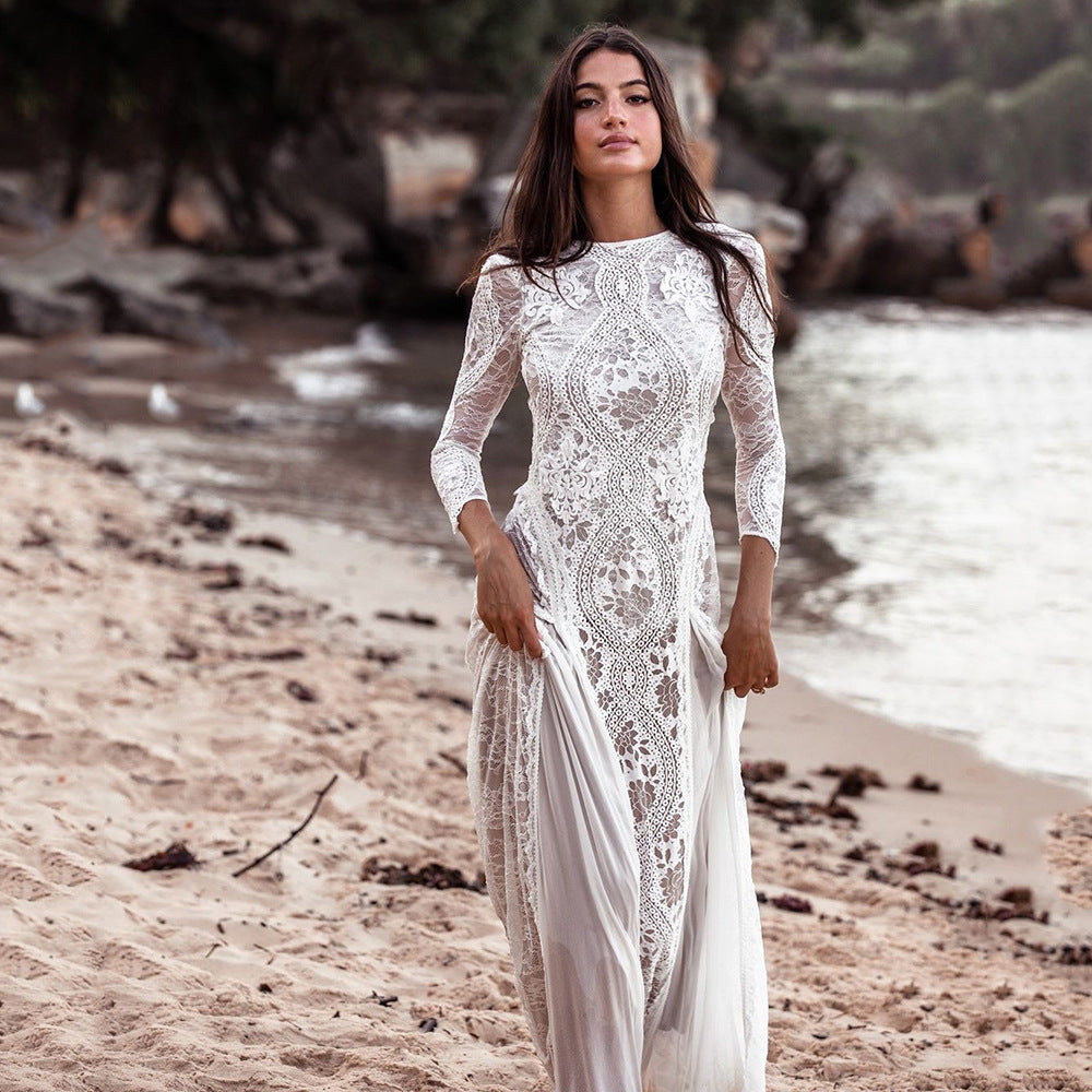 2025 Spring New European and American Women's Celebrity Banquet Wedding Dress Round Neck Long Sleeve Printed Backless Lace Dress